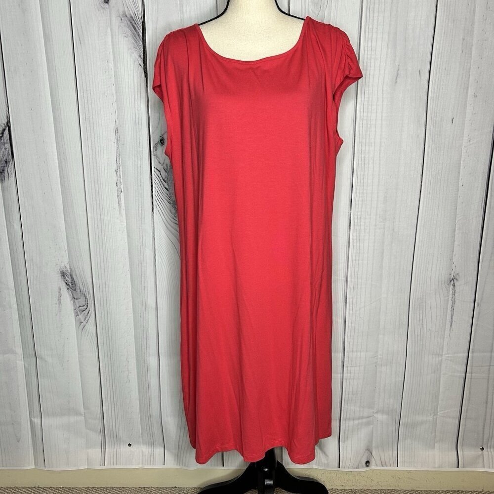 Chicos Casual Shirt Dress Sz 3 XL Knee Length Pink Lounge Ruched Sleeve Rayon